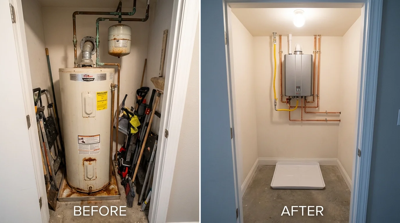 Tank water heater versus wall-mounted tankless unit comparison for Hermitage, MO homeowners