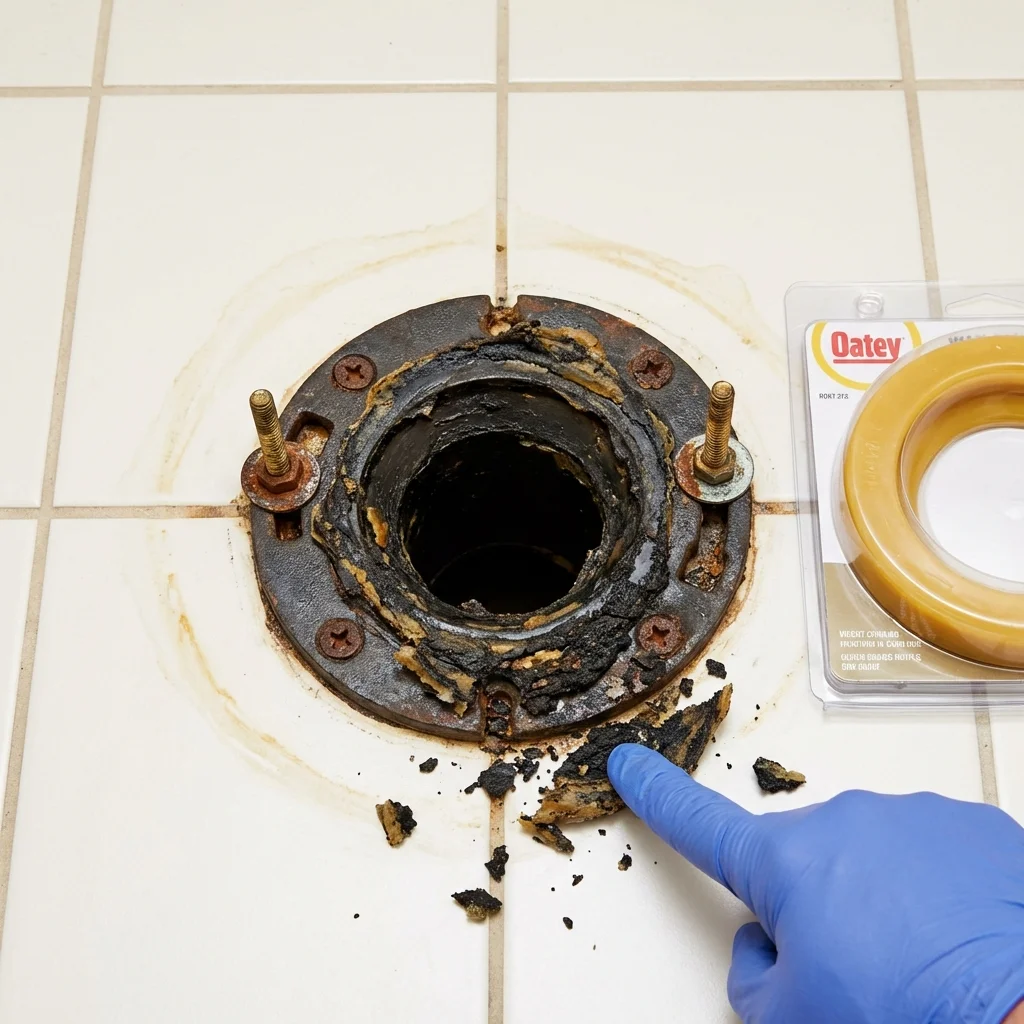 Failed wax ring showing water seepage at the base of a toilet in a Hermitage, MO home