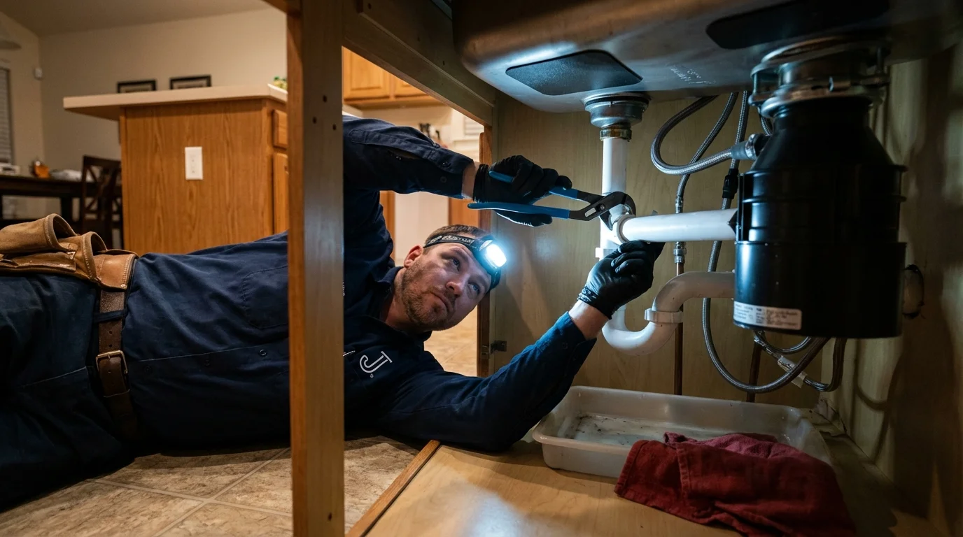 P-trap and supply line connections under a kitchen sink showing a common leak point in Hermitage, MO
